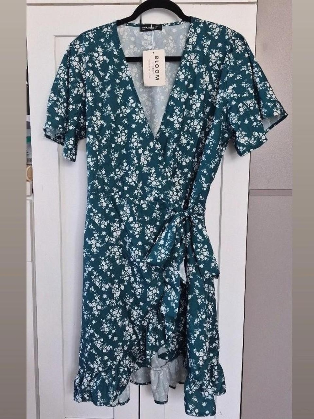 BloomChic Teal Floral Wrap Midi Dress
